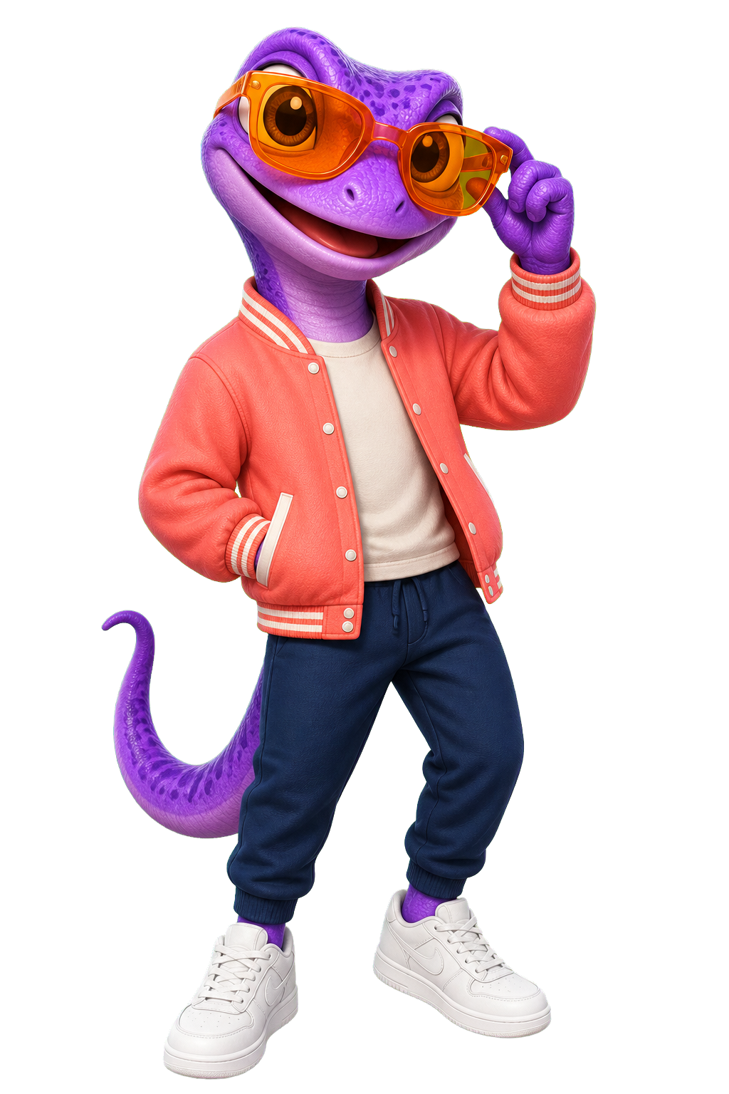 Purple gecko in amber sunglasses and a coral jacket